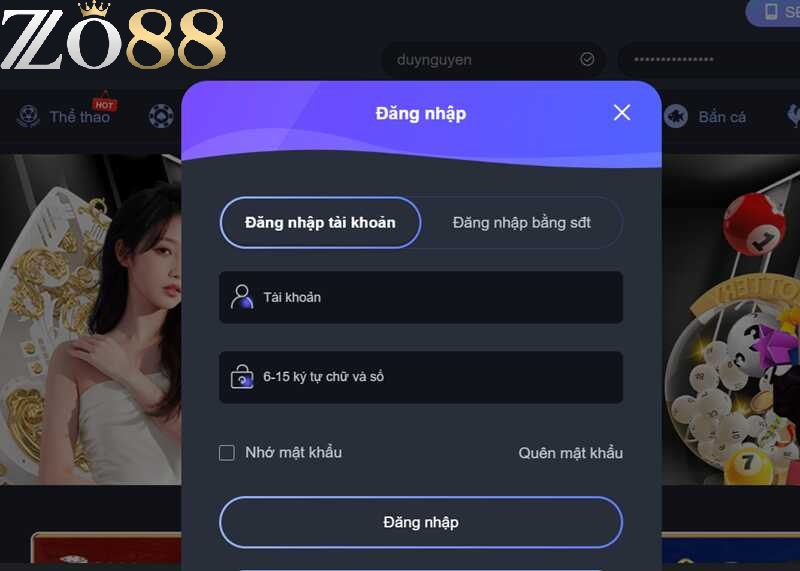 Đăng nhập ZO88 3 Thực hiện việc đăng nhập trên thiết bị